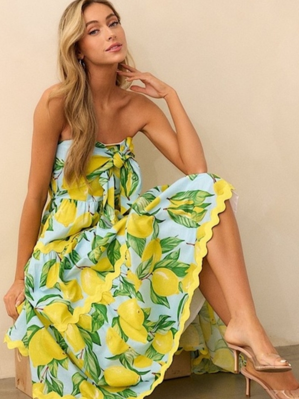 Strapless Lemon-Print Midi Dress in Yellow and Blue